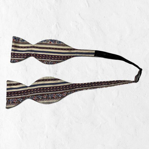 VTG Self-Tie Bowtie Cream Red Blue Striped Floral Paisley Dapper Menswear - Picture 3 of 4